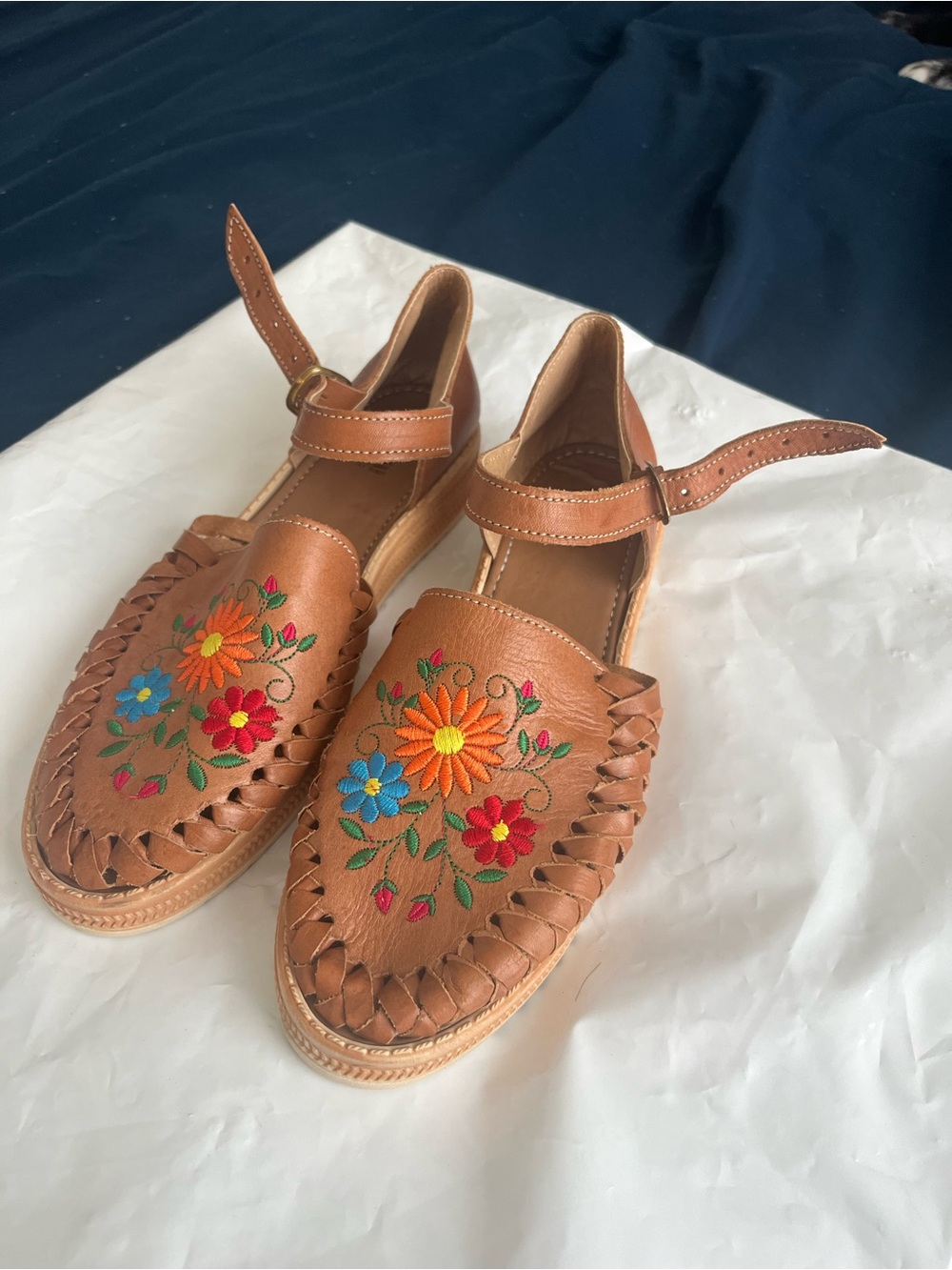 Embroidered Leather Mary Jane Flats